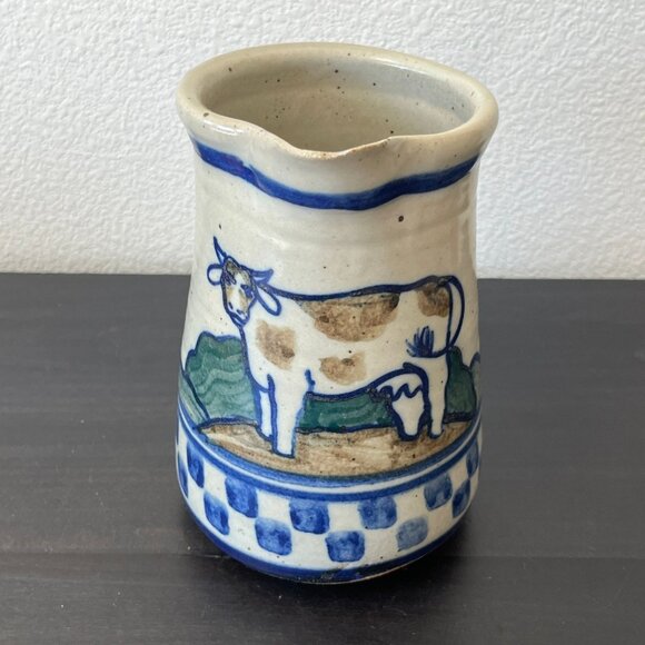 Stoneware Debbie Dean Pitcher Cow Design // Signed // Checkerboard Pattern - Picture 1 of 6